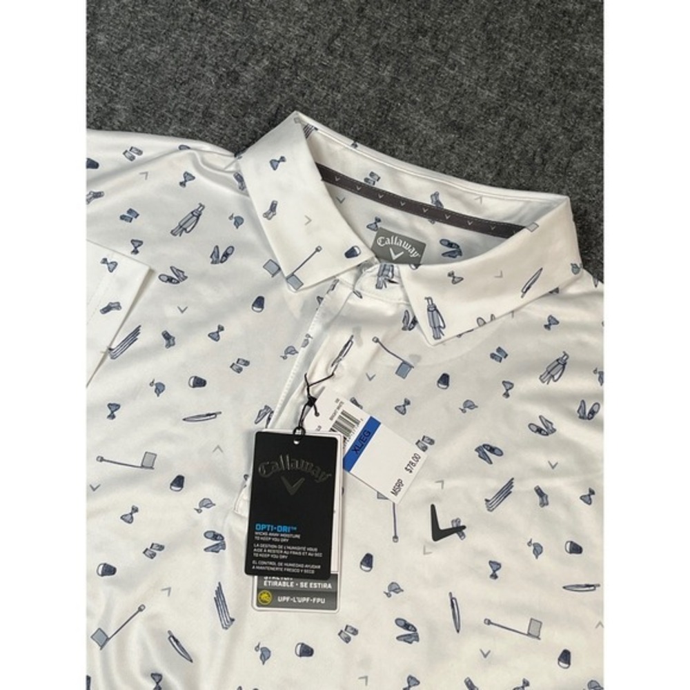 Callaway Opti-Dri‎ Golf Polo Shirt Mens XL White Golf Clubs Print Sun Protection